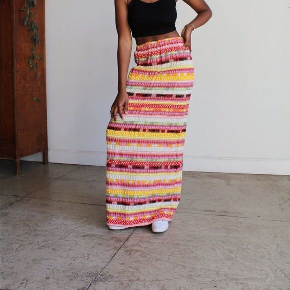 Vintage 70s F.A. Chatta Mixed Material Patchwork Stripe Maxi Skirt M - Picture 2 of 11